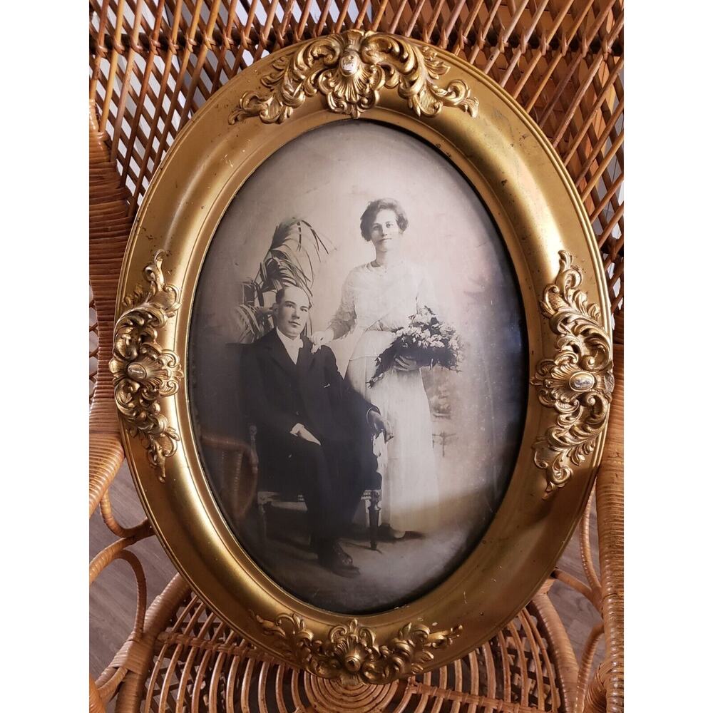 Antique Wedding Portrait Gilded Bubble Glass Frame Art Deco Gothic Victorian Art